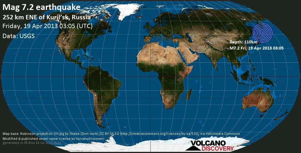 Major mag. 7.2 earthquake - 250km ENE of Kuril\'sk, Russia, on Fri, 19 Apr 2013 14:05 (Asia/Sakhalin)