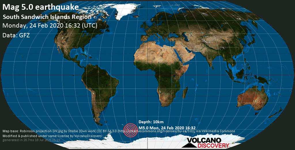 Strong mag. 5.0 earthquake - South Atlantic Ocean, South Georgia & South Sandwich Islands, on Monday, 24 February 2020 at 16:32 (GMT)