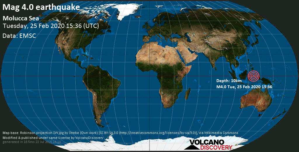 Moderate mag. 4.0 earthquake - 186 km south of Manado, Sulawesi Utara, Indonesia, on Tuesday, 25 February 2020 at 15:36 (GMT)