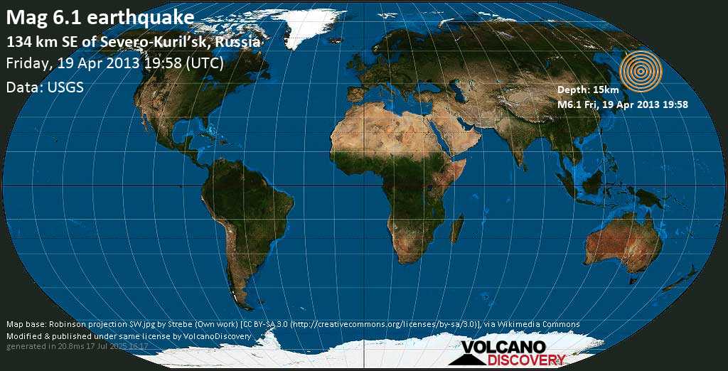Strong mag. 6.0 earthquake - North Pacific Ocean, 136 km southeast of Severo-Kuril\'sk, Sakhalin Oblast, Russia, on Sat, 20 Apr 2013 06:58
