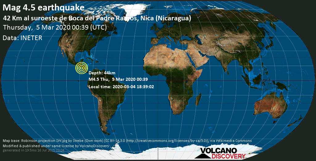 Mag. 4.5 earthquake - 73 km west of Chinandega, Nicaragua, on 2020-03-04 18:39:02