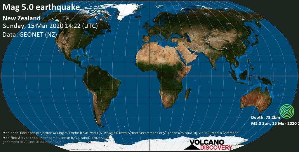 Moderate mag. 5.0 earthquake - New Zealand on Sunday, 15 March 2020