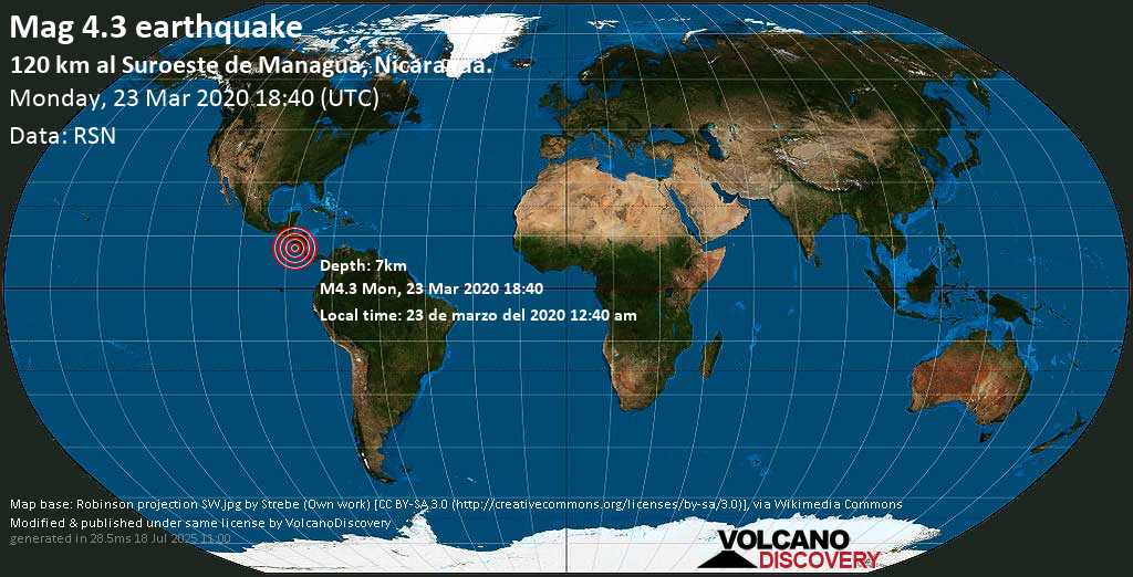 Moderate mag. 4.3 earthquake - 121 km southwest of Managua, Nicaragua, on 23 de marzo del 2020 12:40 am