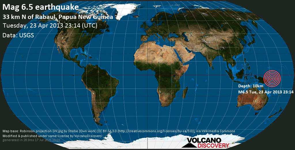 Very strong mag. 6.5 earthquake - Bismarck Sea, 32 km north of Rabaul, East New Britain Province, Papua New Guinea, on Wed, 24 Apr 2013 09:14 (Pacific/Port_Moresby)