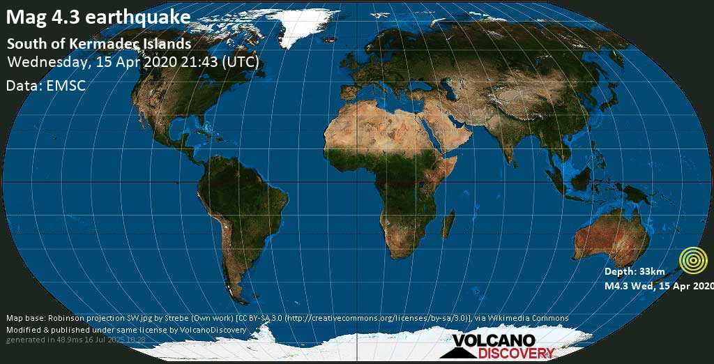 Light mag. 4.3 earthquake - 366 km north of Ruatoria, Gisborne District, New Zealand, on Wednesday, 15 April 2020 at 21:43 (GMT)