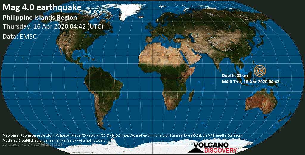 Mag. 4.0 earthquake - 164 km east of Davao, Davao Region, Philippines, on Thursday, 16 April 2020 at 04:42 (GMT)