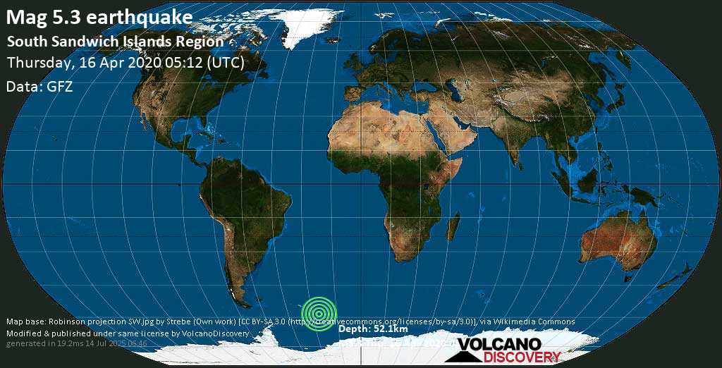 Moderate mag. 5.3 earthquake - South Atlantic Ocean, South Georgia & South Sandwich Islands, on Thursday, 16 April 2020 at 05:12 (GMT)