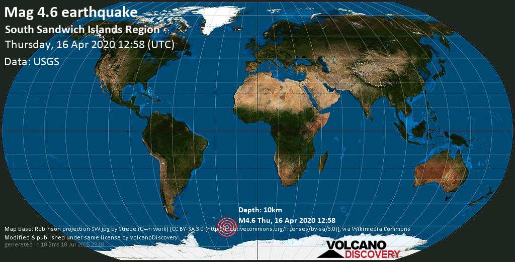 Moderates Erdbeben der Stärke 4.7 - South Atlantic Ocean, Südgeorgien und die Südlichen Sandwichinseln, am Donnerstag, 16. Apr 2020 um 12:58 GMT