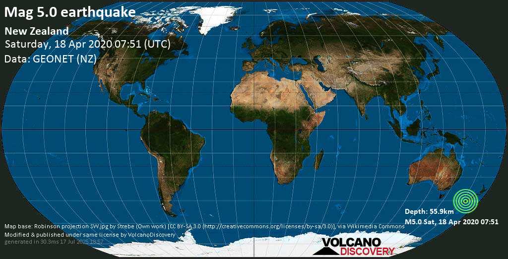 Moderate mag. 5.0 earthquake - 44 km northwest of Te Anau, Southland District, New Zealand, on Saturday, 18 April 2020 at 07:51 (GMT)