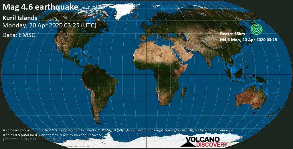Light mag. 4.6 earthquake - 449 km southwest of Petropavlovsk-Kamchatsky, Gorod Petropavlovsk-Kamchatskiy, Kamchatka Krai, Russia, on Monday, 20 April 2020 at 03:25 (GMT)