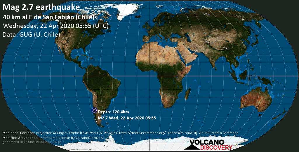 Minor mag. 2.7 earthquake - Punilla, Ñuble, 78 km southeast of Parral, Provincia de Linares, Maule Region, Chile, on Wednesday, 22 April 2020 at 05:55 (GMT)