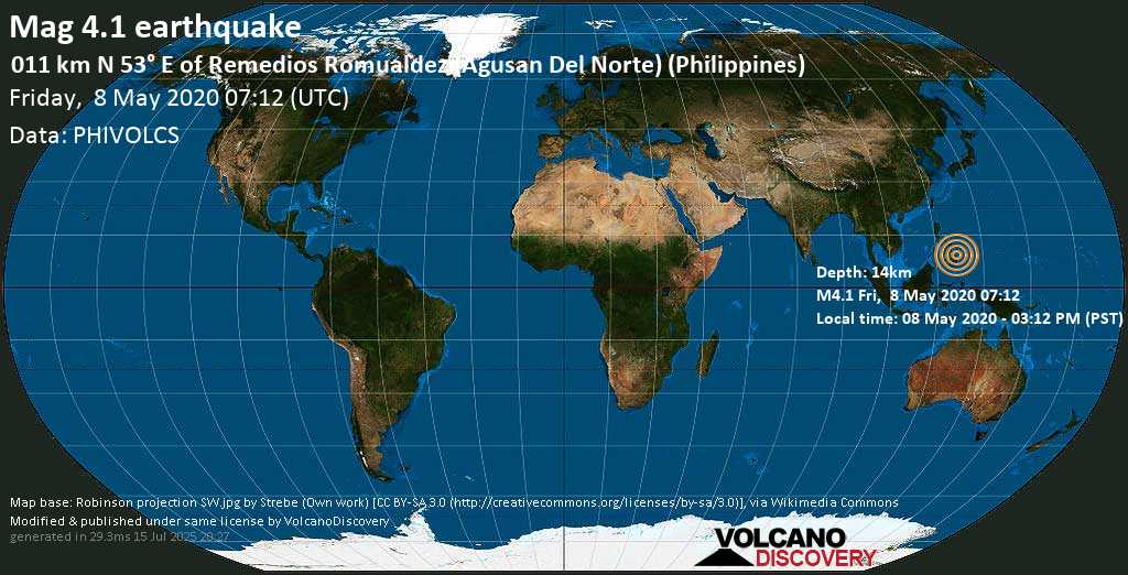 Moderate mag. 4.1 earthquake - 24 km northeast of Butuan, Agusan Del Norte, Caraga, Philippines, on 08 May 2020 - 03:12 PM (PST)
