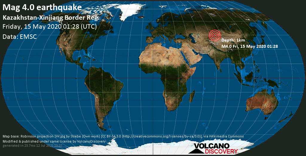 Moderates Erdbeben der Stärke 4.0 - 32 km nordwestlich von Huocheng, Ili Kazak Zizhizhou, Xinjiang, China, am Freitag, 15. Mai 2020 um 01:28 GMT