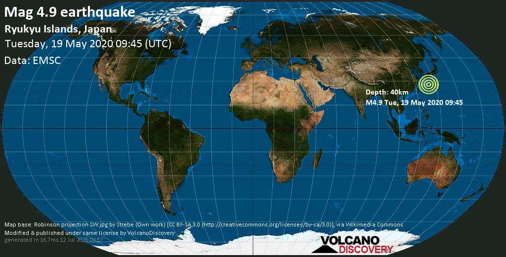 Mag. 4.9 earthquake - 60 km south of Naze, Amami, Kagoshima, Japan, on Tuesday, 19 May 2020 at 09:45 (GMT)