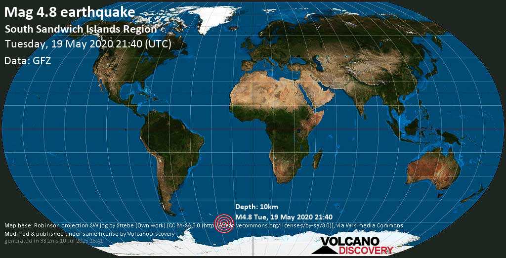 Moderate mag. 4.8 earthquake - South Atlantic Ocean, South Georgia & South Sandwich Islands, on Tuesday, 19 May 2020 at 21:40 (GMT)