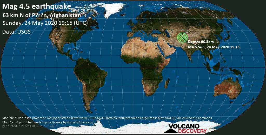 Mag. 4.5 earthquake - 228 km northeast of Kabul, Afghanistan, on 2020-05-24 23:45:37 +04:30