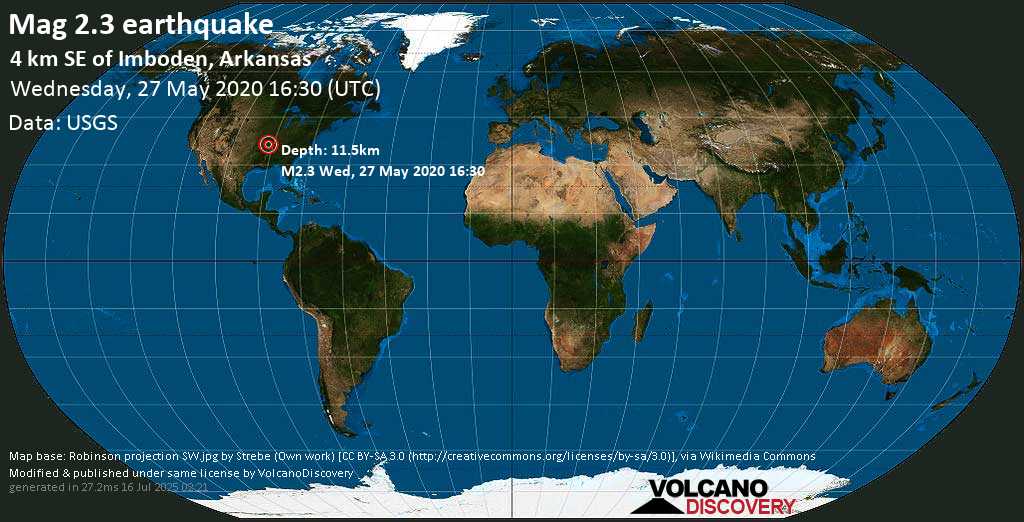 Weak mag. 2.3 earthquake - Lawrence County, 12 mi southwest of Pocahontas, Randolph County, Arkansas, USA, on 2020-05-27 10:30:51 -06:00