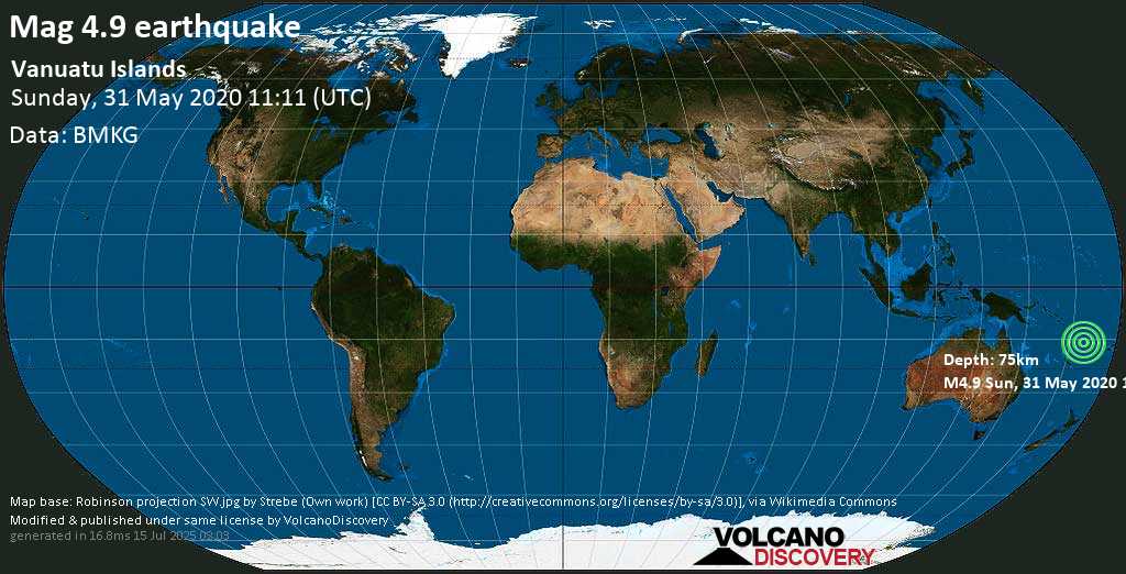Light mag. 4.9 earthquake - 103 km east of Luganville, Sanma Province, Vanuatu, on Sunday, 31 May 2020 at 11:11 (GMT)
