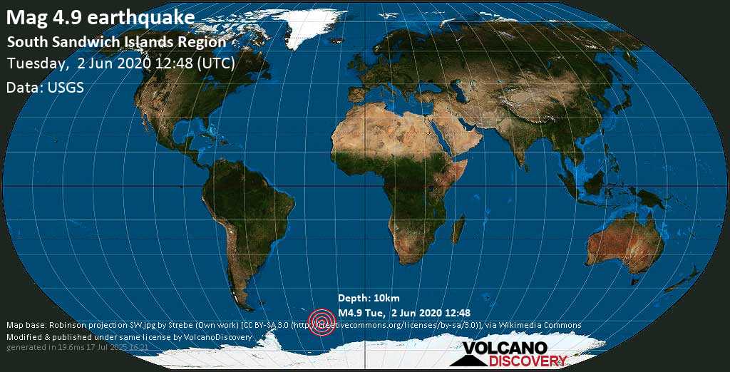 Moderate mag. 4.9 earthquake - South Atlantic Ocean, South Georgia & South Sandwich Islands, on Tuesday, 2 June 2020 at 12:48 (GMT)