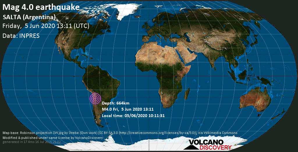 Mag. 4.0 earthquake - 143 km northwest of Salta, Argentina, on 05/06/2020 10:11:31