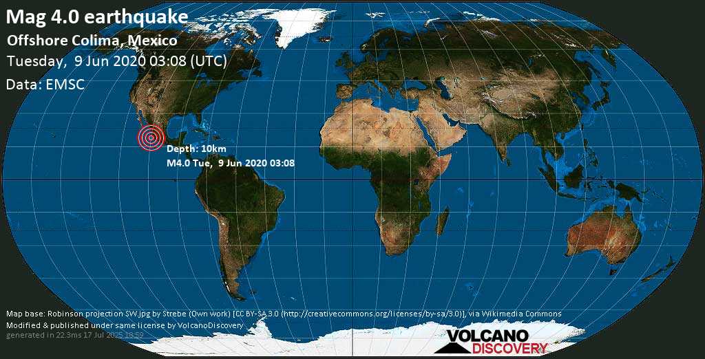 Mag. 4.0 earthquake - 34 km southwest of Manzanillo, Colima, Mexico, on Tuesday, 9 June 2020 at 03:08 (GMT)