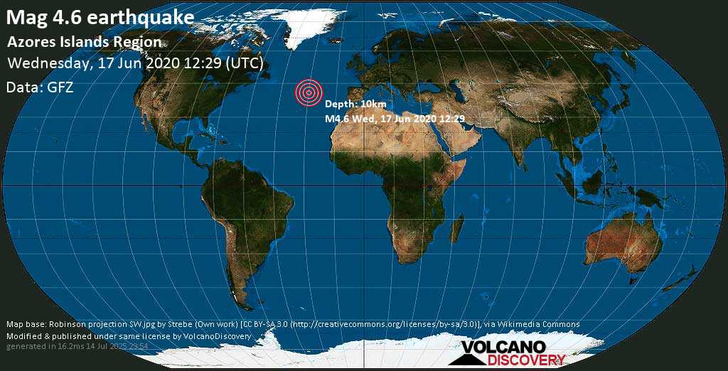 Mag. 4.8 earthquake - 167 km northeast of Lajes das Flores, Açores, Portugal, on Wednesday, 17 June 2020 at 12:29 (GMT)