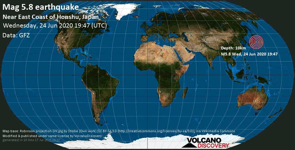Moderate mag. 5.9 earthquake - Near East Coast of Honshu, Japan on Wednesday, 24 June 2020