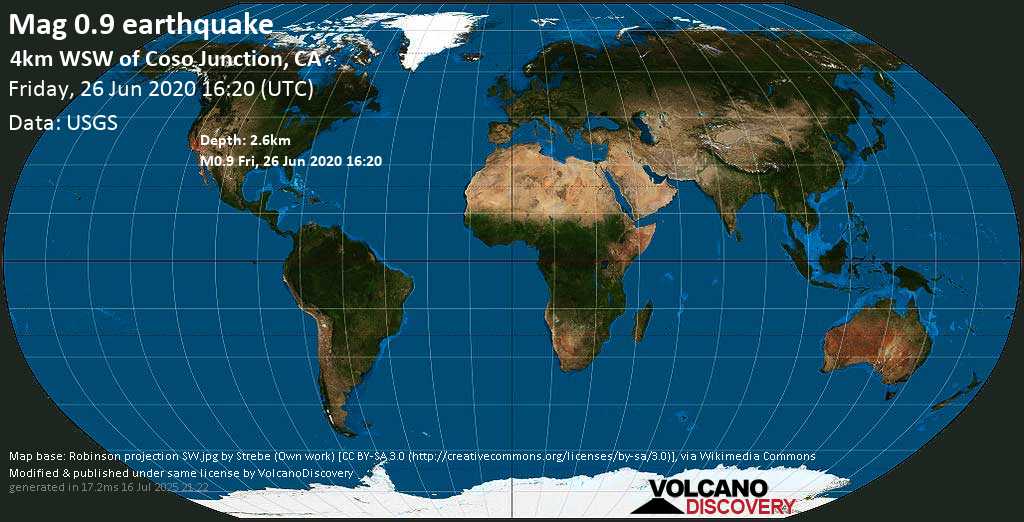 Mag. 0.9 earthquake - 4km WSW of Coso Junction, CA (USA), on Friday, 26 June 2020 at 16:20 (GMT)