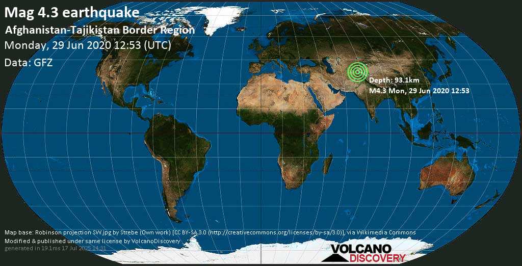 Mag. 4.3 earthquake - 39 km south of Khorugh, Nohijai Şuƣnon, Vilojati Muxtori Kūhistoni Badaxşon, Tajikistan, on Monday, 29 June 2020 at 12:53 (GMT)