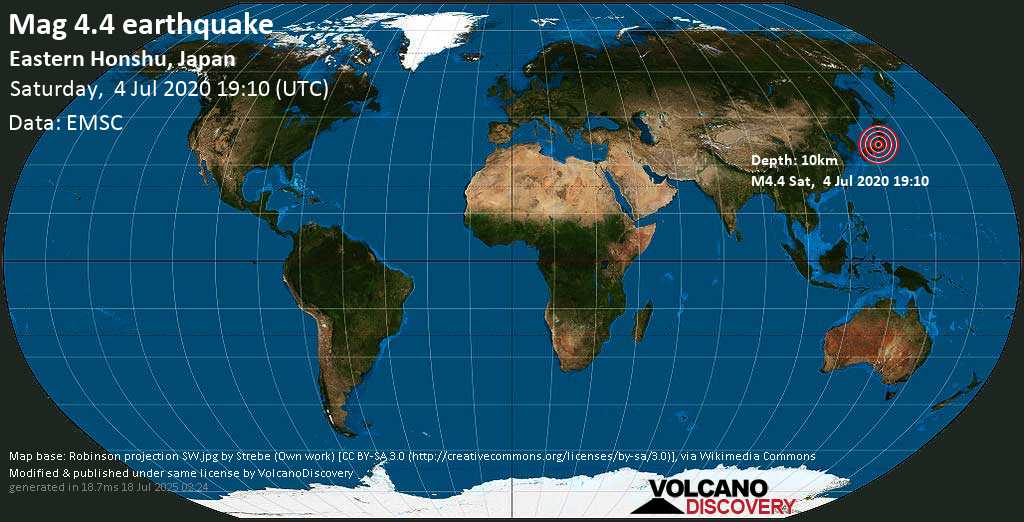 Light mag. 4.4 earthquake - Eastern Honshu, Japan on Saturday, 4 July 2020