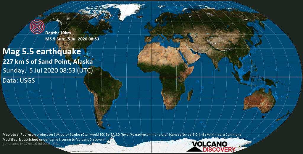 Strong mag. 5.5 earthquake - North Pacific Ocean, 136 mi south of Sand Point, Aleutians East County, Alaska, USA, on Sunday, 5 July 2020 at 08:53 (GMT)