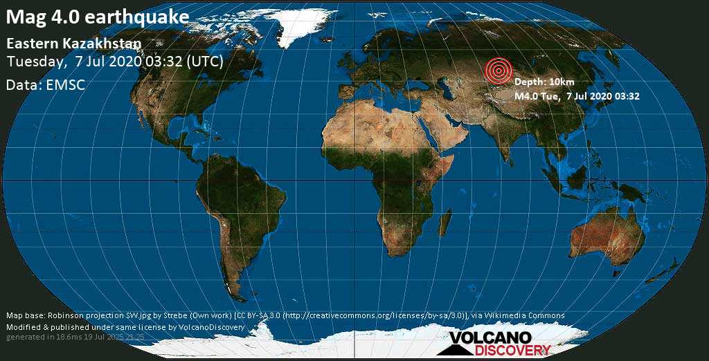 Moderate mag. 4.0 earthquake - 51 km south of Zyryanovsk, Zyryan District, East Kazakhstan Province, Kazakhstan, on Tuesday, 7 July 2020 at 03:32 (GMT)