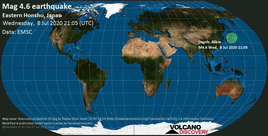 Mag. 4.6 earthquake - 37 km north of Tokyo, Japan, on Wednesday, 8 July 2020 at 21:05 (GMT)