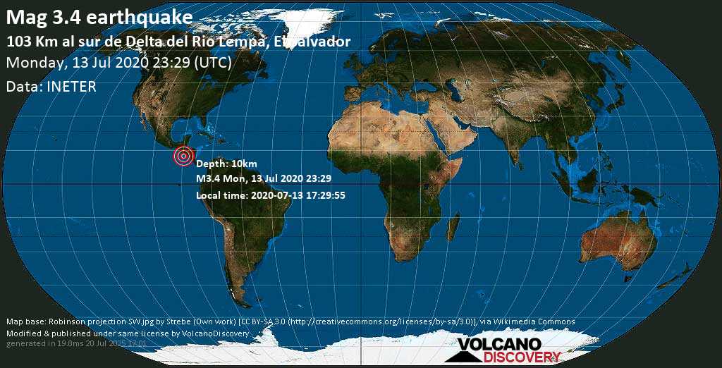 M 3.4 quake: 103 Km al sur de Delta del Rio Lempa, El Salvador on Mon, 13 Jul 23h29