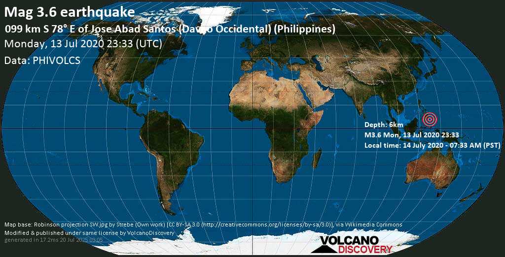 Minor mag. 3.6 earthquake - 099 km S 78° E of Jose Abad Santos (Davao Occidental) (Philippines) on Monday, 13 July 2020