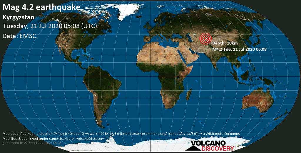 Moderate mag. 4.2 earthquake - 43 km southwest of Fergana, Fergana Region, Uzbekistan, Kyrgyzstan, on Tuesday, July 21, 2020 at 05:08 (GMT)