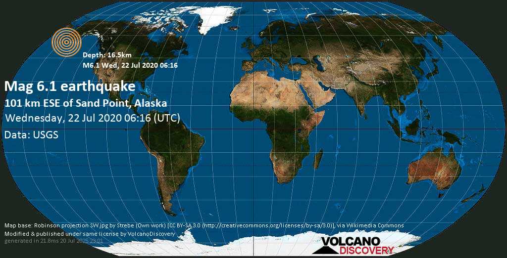 Very strong mag. 6.1 earthquake - Gulf of Alaska, 9.2 mi east of Simeonof Island, Aleutians East, Alaska, USA, on Wednesday, 22 July 2020 at 06:16 (GMT)