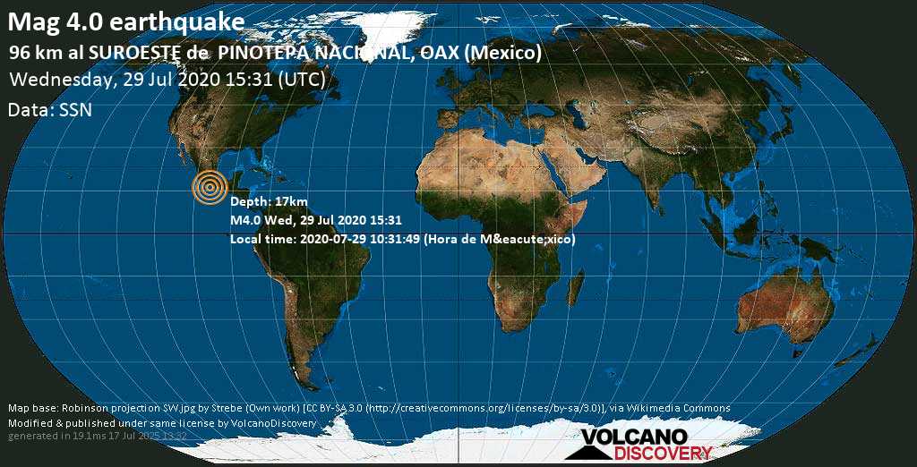Mag. 4.0 earthquake - 163 km southeast of Acapulco de Juárez, Guerrero, Mexico, on 2020-07-29 10:31:49 (Hora de México)