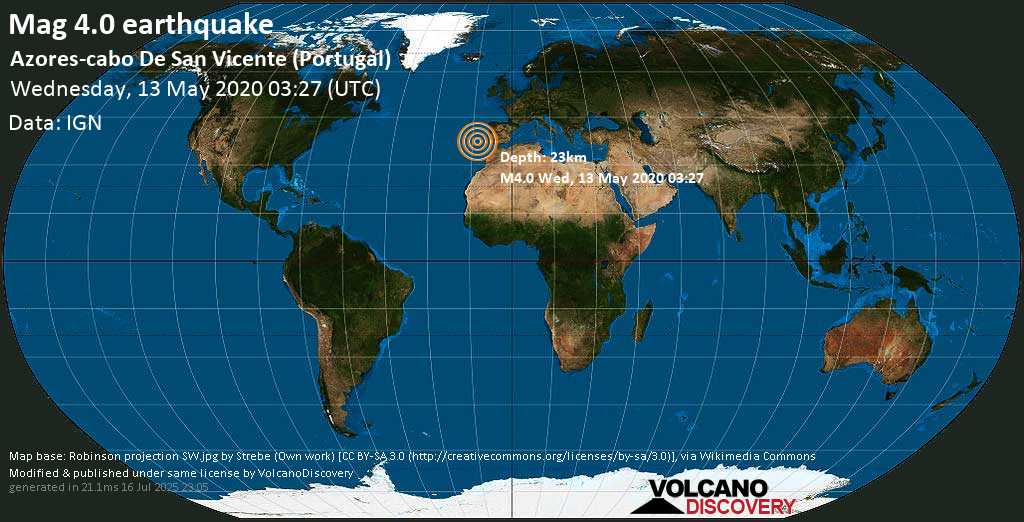 Mag. 4.0 earthquake - 391 km southwest of Lisbon, Lisboa, Portugal, on Wednesday, 13 May 2020 at 03:27 (GMT)