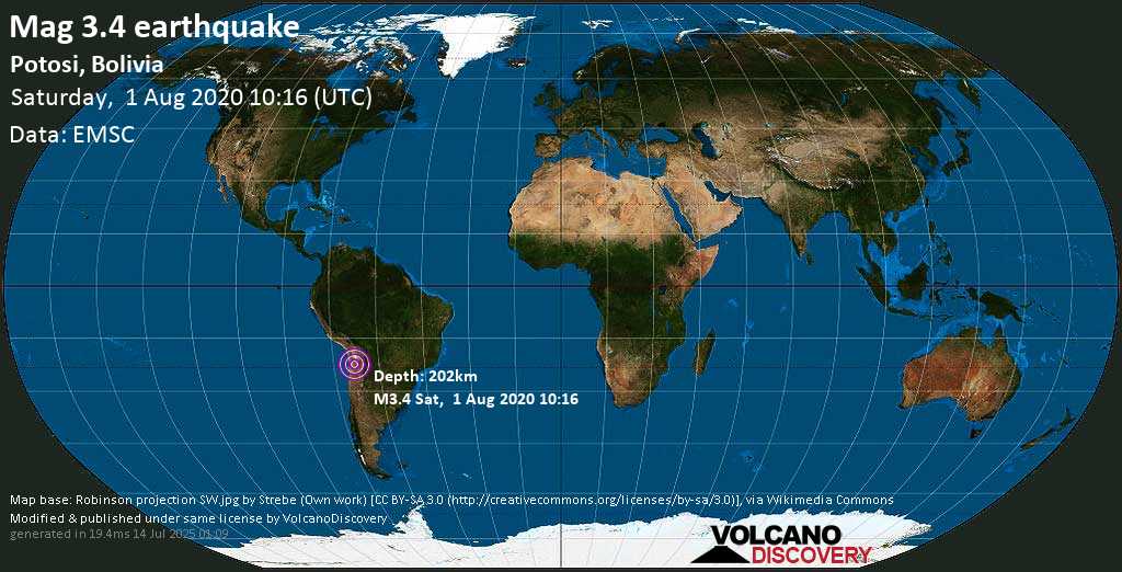 Minor mag. 3.4 earthquake - Departamento de Potosi, 443 km southwest of Sucre, Bolivia, on Saturday, 1 August 2020 at 10:16 (GMT)