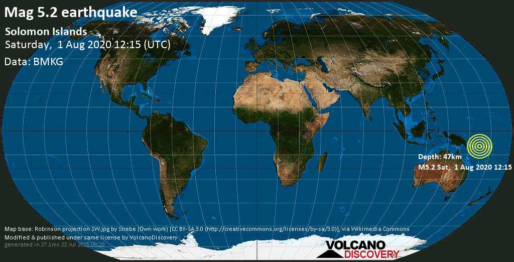 Moderate mag. 5.2 earthquake - Solomon Islands on Saturday, 1 August 2020