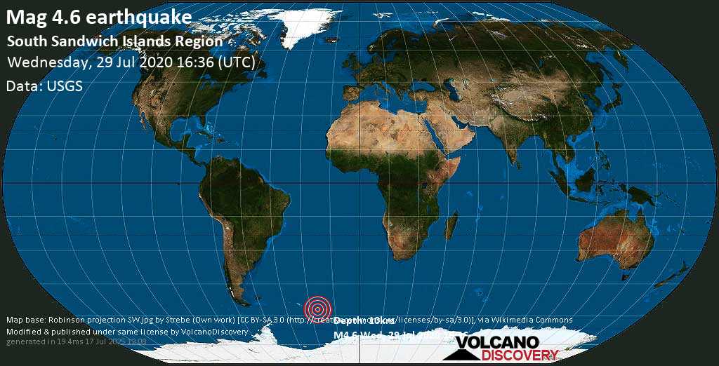 Moderate mag. 4.6 earthquake - South Atlantic Ocean, South Georgia & South Sandwich Islands, on Wednesday, 29 July 2020 at 16:36 (GMT)