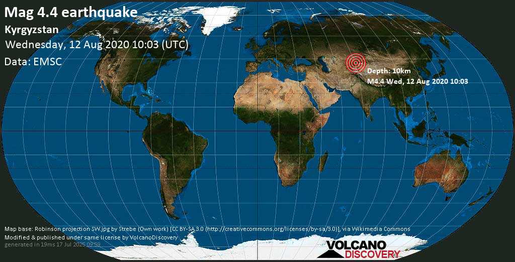 Moderate mag. 4.4 earthquake - 121 km southeast of Bishkek, Chuy Province, Kyrgyzstan, on Wednesday, 12 August 2020 at 10:03 (GMT)