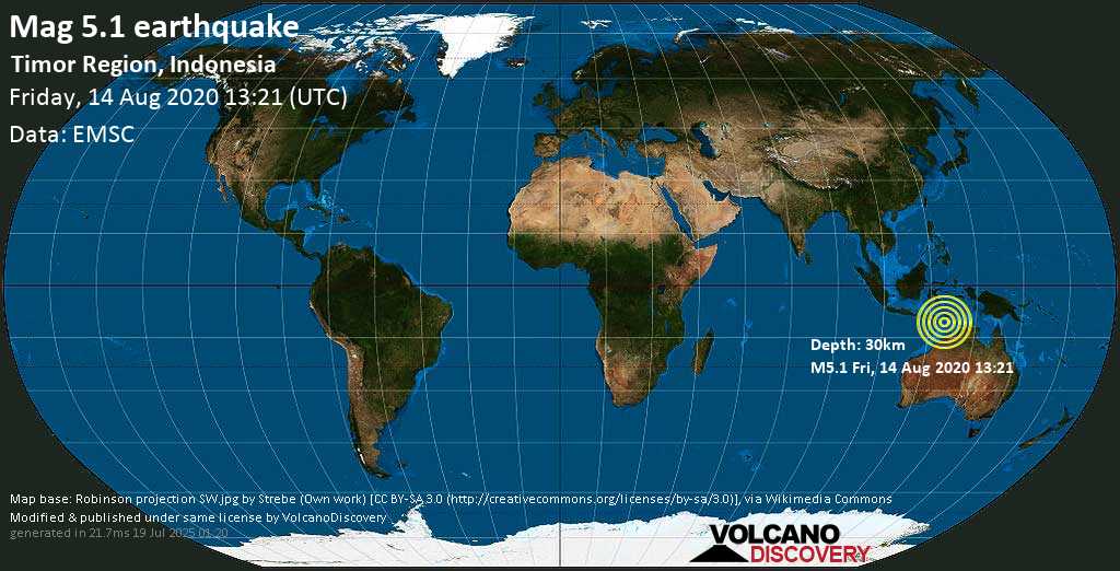 Moderate mag. 5.0 earthquake - Timor Sea, 46 km southeast of Soe, Indonesia, on Friday, 14 August 2020 at 13:21 (GMT)