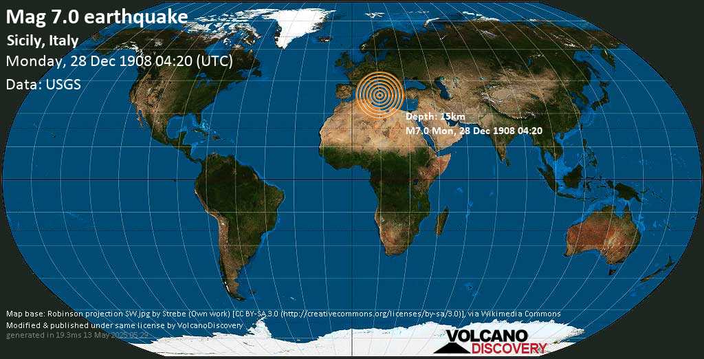 Major magnitude 7.0 earthquake - 4.8 km northwest of Roccalumera, Province of Messina, Sicily, Italy, on Monday, December 28, 1908 at 04:20 GMT