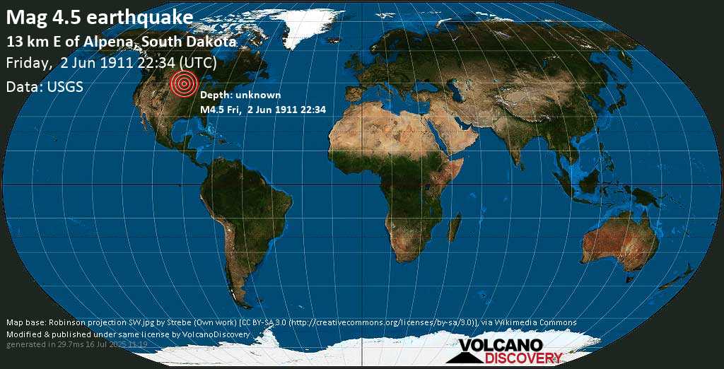 Moderate mag. 4.5 earthquake - Jerauld County, 11 mi south of Huron, Beadle County, South Dakota, USA, on Friday, June 2, 1911 at 22:34 (GMT)