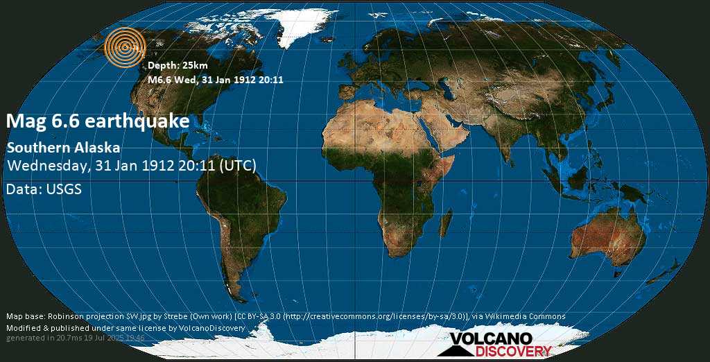 Major magnitude 7.0 earthquake - Valdez-Cordova Parish, 82 mi east of Alaska City, Anchorage, Alaska, USA, on Wednesday, January 31, 1912 at 20:11 (GMT)