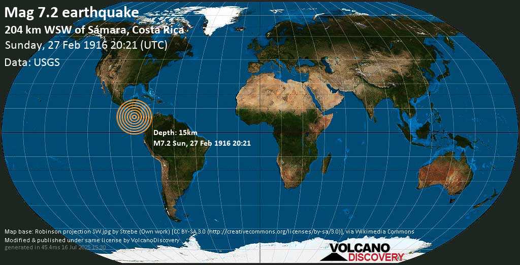 Major magnitude 7.2 earthquake - North Pacific Ocean, 137 km southwest of Corinto, Nicaragua, on Sunday, February 27, 1916 at 20:21 (GMT)