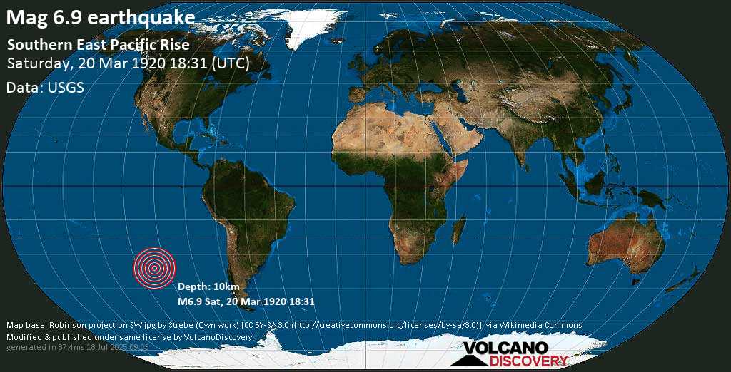 Major magnitude. 7.0 earthquake - Southern East Pacific Rise on Saturday, 20 March 1920 at 18:31 (GMT)