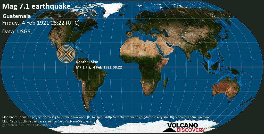 Major magnitude 7.0 earthquake - Departamento del Quiché, 41 km northwest of San Cristobal, Guatemala, on Friday, February 4, 1921 at 08:22 GMT